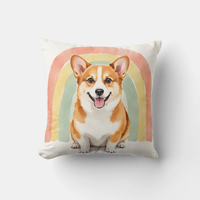 Corgi Watercolor Rainbow Arc Art Cushion (Front)