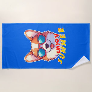 Corgi wears sunglasses Enjoy summer Beach Towel