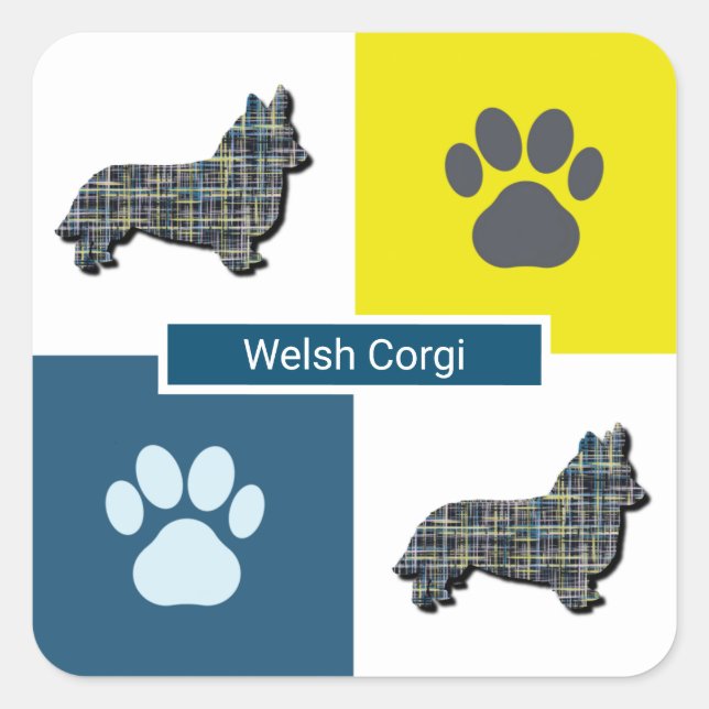 Corgi Welsh Dog & Paw Y&B Grid Square Sticker (Front)