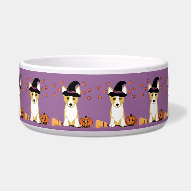 Corgi Witch Halloween Dog Bowl (Front)