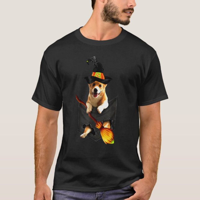 Corgi Witch Pocket Halloween Dog T-Shirt (Front)