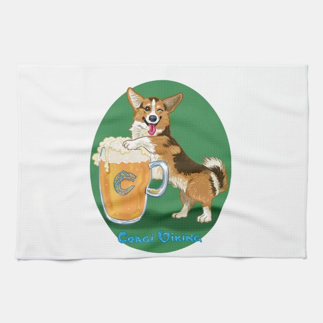 Corgi with beer tea towel (Horizontal)