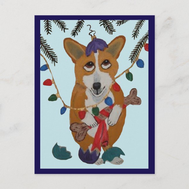 Corgi with Broken Christmas Ornaments Postcard (Front)