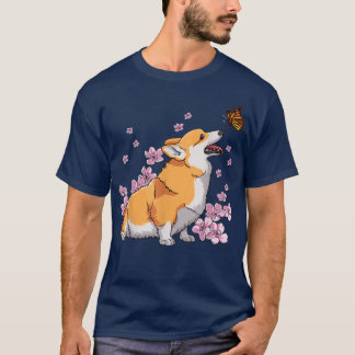 Corgi With Butterfly Japanese Sakura Cherry Blosso T-Shirt