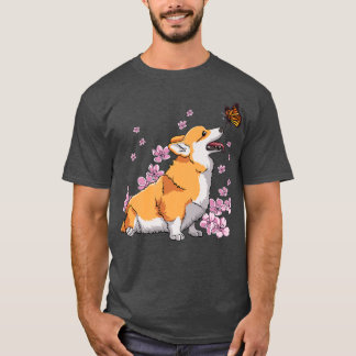 Corgi With Butterfly Japanese Sakura Cherry Blosso T-Shirt