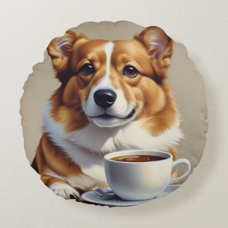 Corgi with coffee round cushion