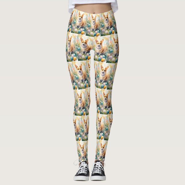 Corgi with Easter Eggs Holiday Leggings (Front)
