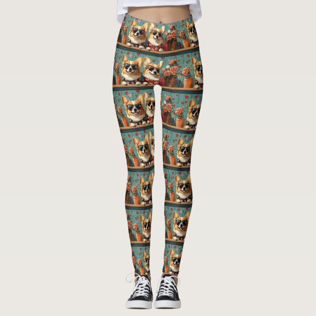 Corgi With Heart Roses Valentine's Day Leggings (Front)