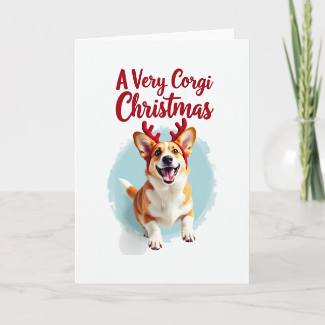 Corgi with Reindeer antlers Christmas Card (Front)