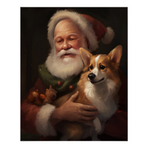 Corgi With Santa Claus Festive Christmas Poster