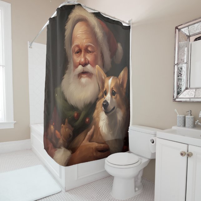 Corgi With Santa Claus Festive Christmas Shower Curtain (In Situ)