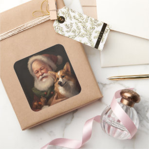 Corgi With Santa Claus Festive Christmas Square Sticker