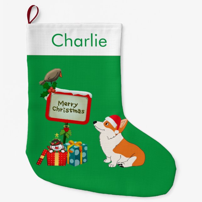 Corgi with Santa Hat Large Christmas Stocking (Front)