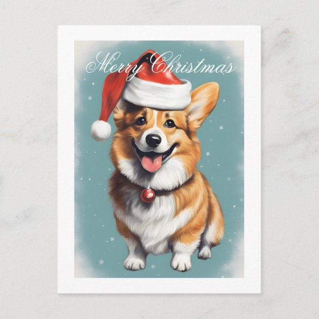 Corgi With Santa Hat Merry Christmas Postcard (Front)