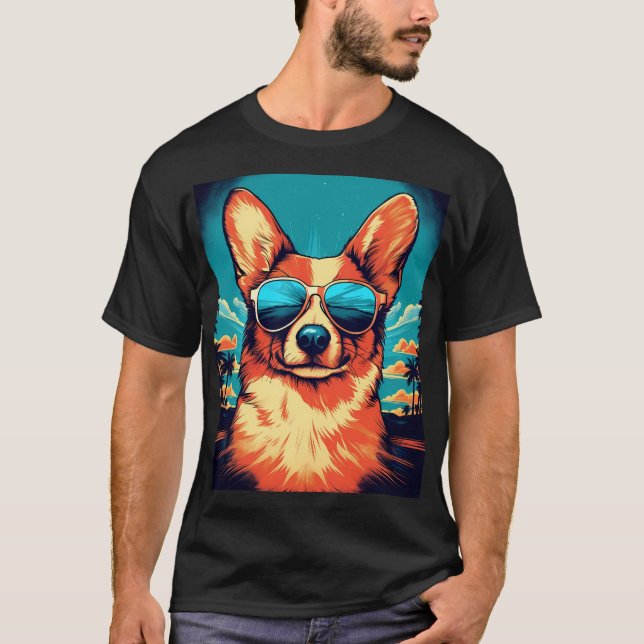 Corgi with sunglasses at a tropical beach T-Shirt (Front)