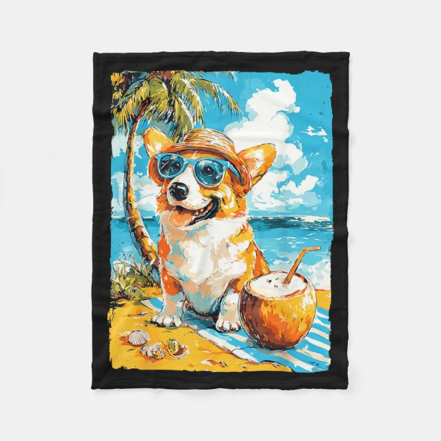 Corgi With Sungles Coco Tropical Dog Summer Fleece Blanket (Front)