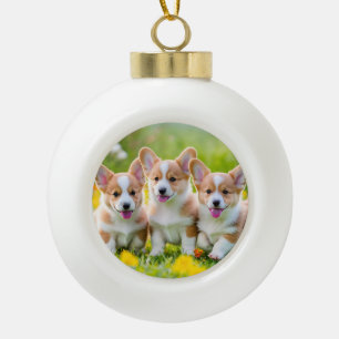 Corgies playing in the grass ceramic ball christmas ornament