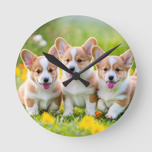 Corgies playing in the grass round clock (Front)