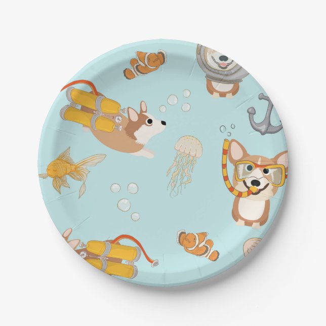 Corgis Are Diving In Ocean Pattern Paper Plate (Front)