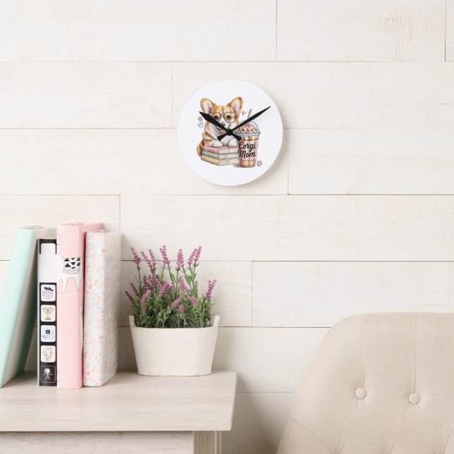 Corgis Books and Iced Coffee for Dog Round Clock (Reading Room)