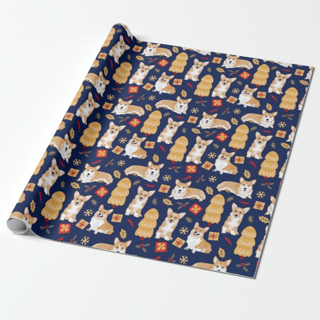 Corgis celebrate christmas- blue pattern wrapping paper (Unrolled)