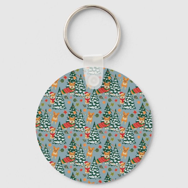 Corgis decorate the Christmas Tree in Forest Key Ring (Front)