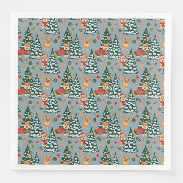Corgis decorate the Christmas Tree in Forest Napkin (Front)