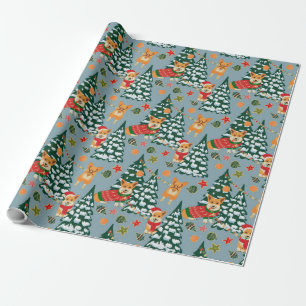 Corgis decorate the Christmas Tree in Forest Wrapping Paper