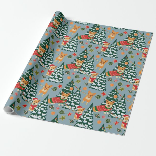 Corgis decorate the Christmas Tree in Forest Wrapping Paper (Unrolled)