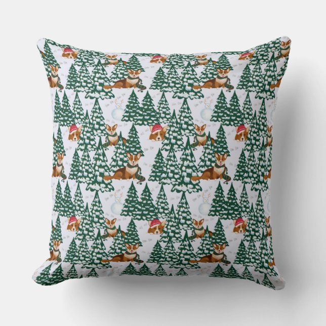 Corgis decorate the Christmas Tree in White Forest Cushion (Front)