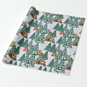 Corgis decorate the Christmas Tree in White Forest Wrapping Paper