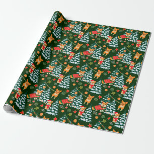 Corgis decorate the christmas tree- pattern green wrapping paper