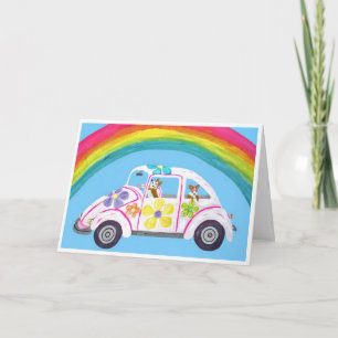  Corgis in Hippie Car at the Beach with a Rainbow Card
