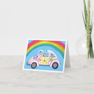  Corgis in Hippie Car at the Beach with a Rainbow Invitation