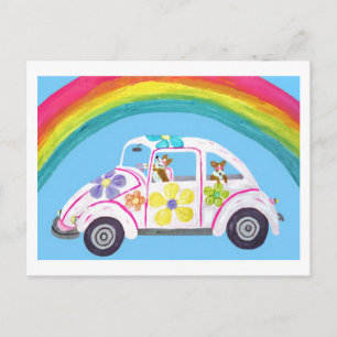 Corgis in Hippie Car at the Beach with a Rainbow Postcard