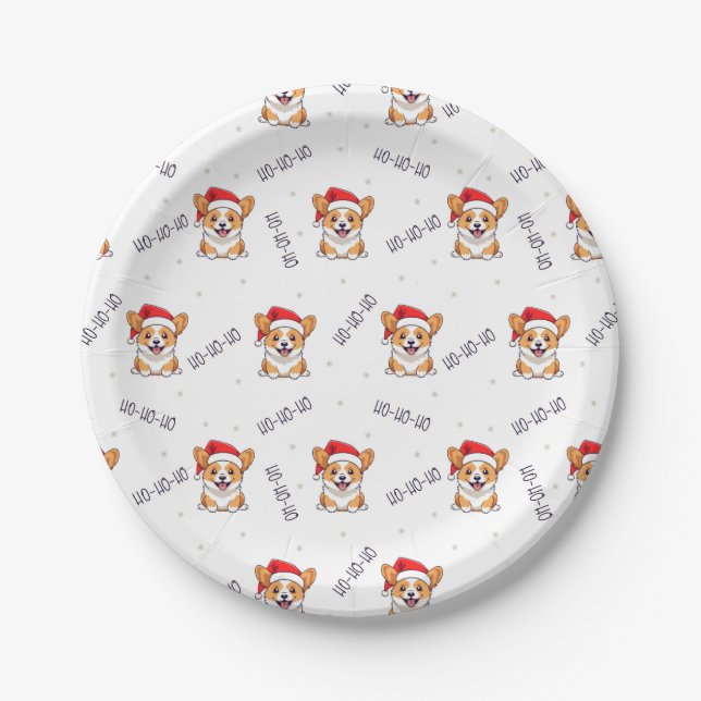 Corgis in Santa Hats Christmas Pattern Paper Plate (Front)
