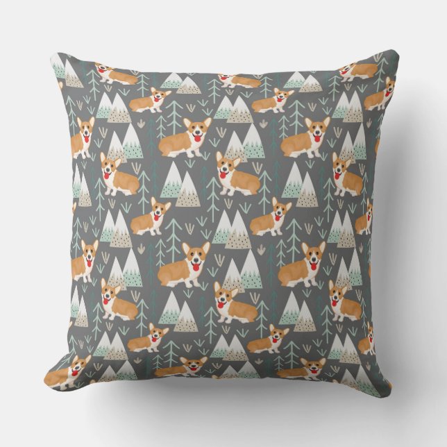 Corgis in the Mountains and Forest Pattern Cushion (Front)