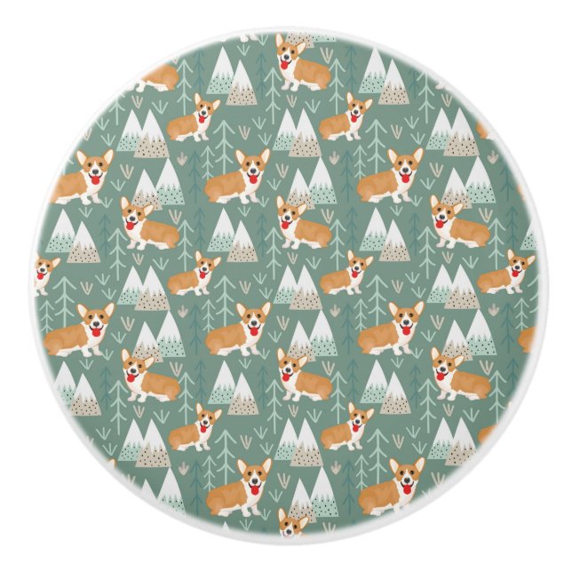 Corgis in the Mountains Forest Pattern Ceramic Knob (Front)