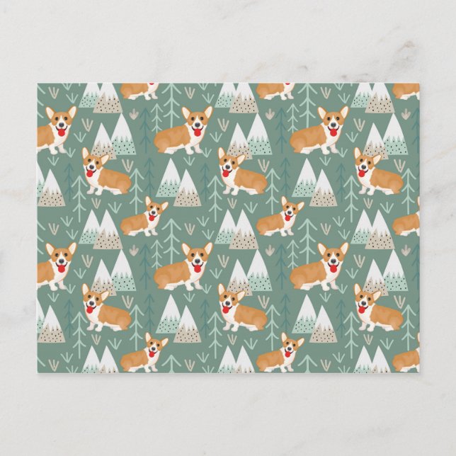 Corgis in the Mountains Forest Pattern Postcard (Front)