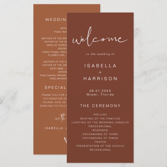 CORIANDER Rust and Burnt Orange Wedding Program Menu (Front/Back)