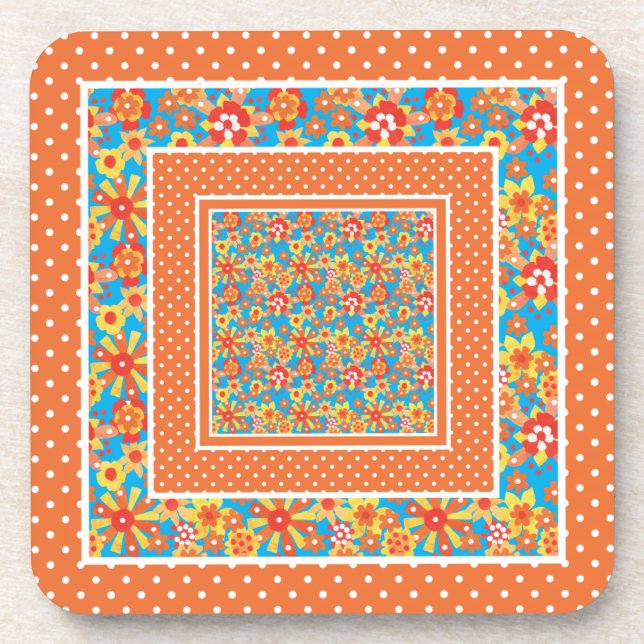 Cork-backed Coasters: Orange Floral and Polka Dots Coaster (Front)