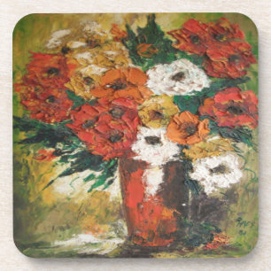 Cork Coaster Set Ann Hayes Red Flowers Mixed