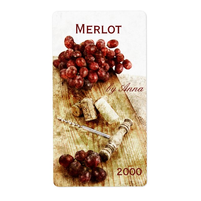 corks, corkscrew and grapes wine bottle label (Front)