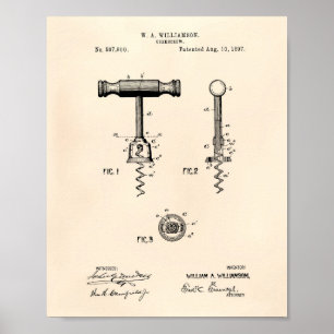 Corkscrew 1897 Patent Art Old Peper Poster