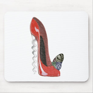 Corkscrew Red Stiletto Shoe and Butterfly Art Gift Mouse Pad