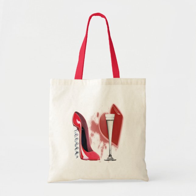 Corkscrew Red Stiletto Shoe, Champagne and Heart Tote Bag (Front)