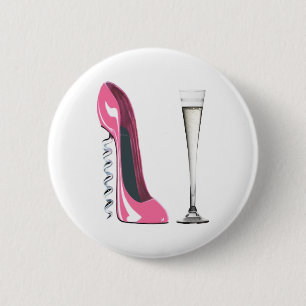 Corkscrew Stiletto and Champagne Flute 6 Cm Round Badge
