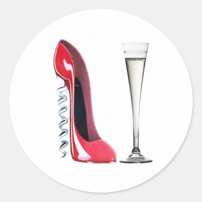 Corkscrew Stiletto Shoe and Champagne Flute Glass Classic Round Sticker (Front)