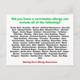 Corn Allergy List - Postcard