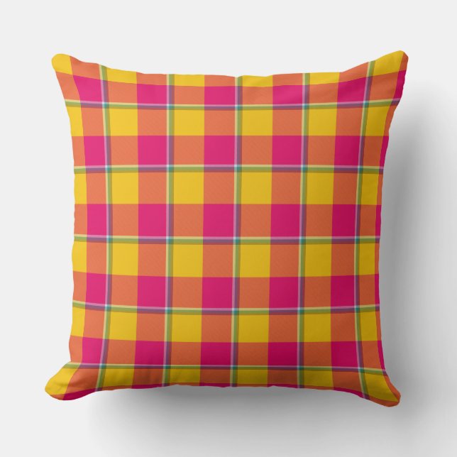 Corn and Razzmatazz Plaid Yellow Pink Gold Cushion (Front)